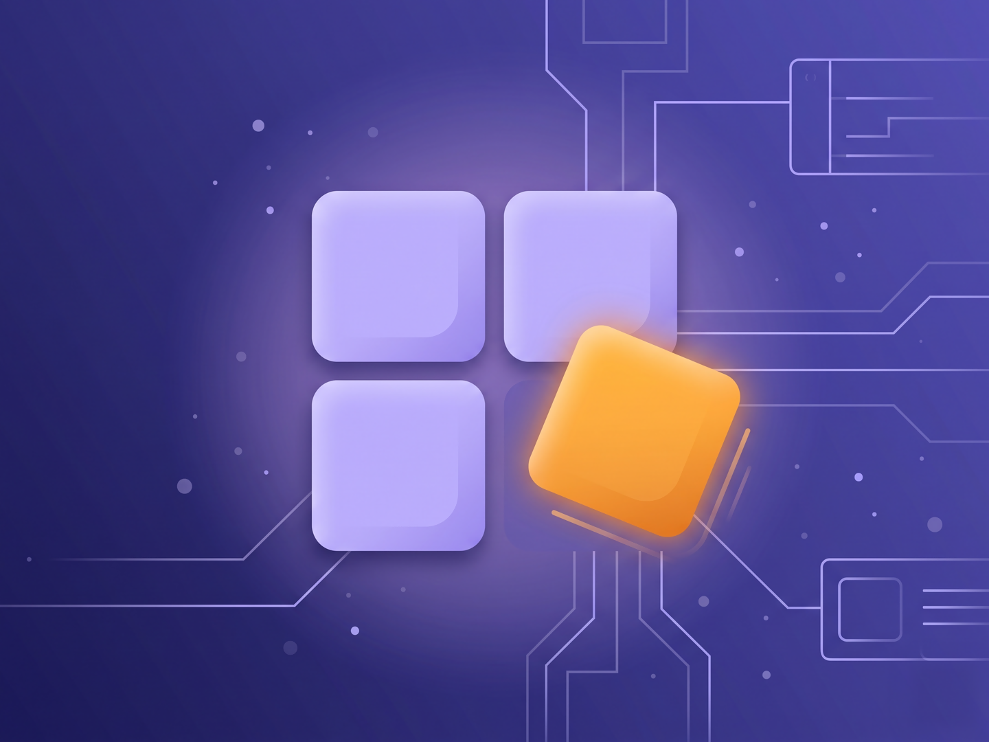 Abstract illustration: four rounded tiles clustered together with one breaking away and glowing, standing for an installable site template taken from a marketplace.