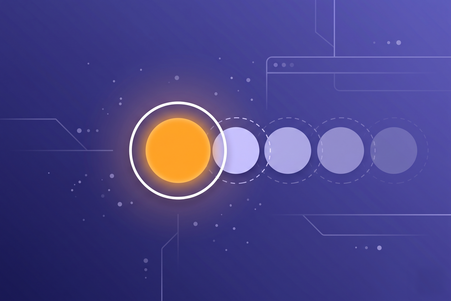 Abstract illustration: one solid disc encircled by an unbroken loop beside a row of fading discs, standing for one payment instead of a recurring one.